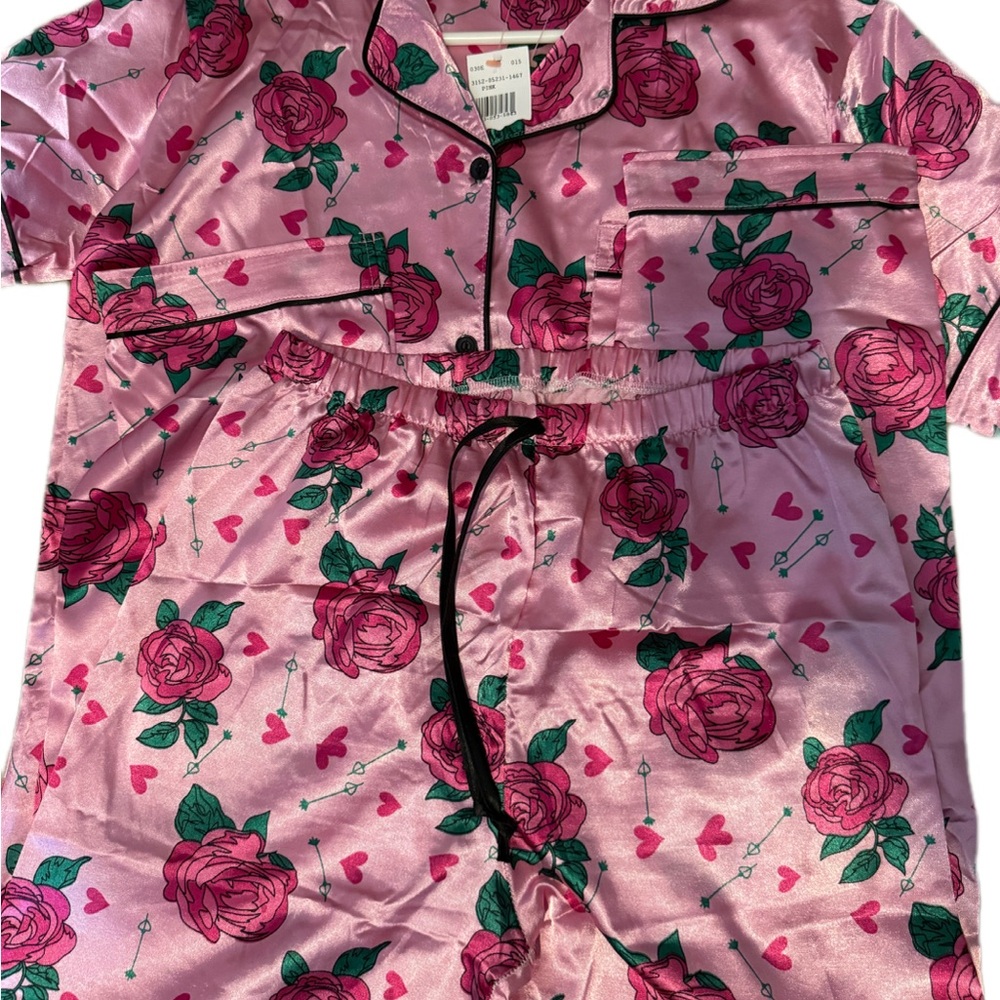 Satin Rose Print Pajama Set - Pink